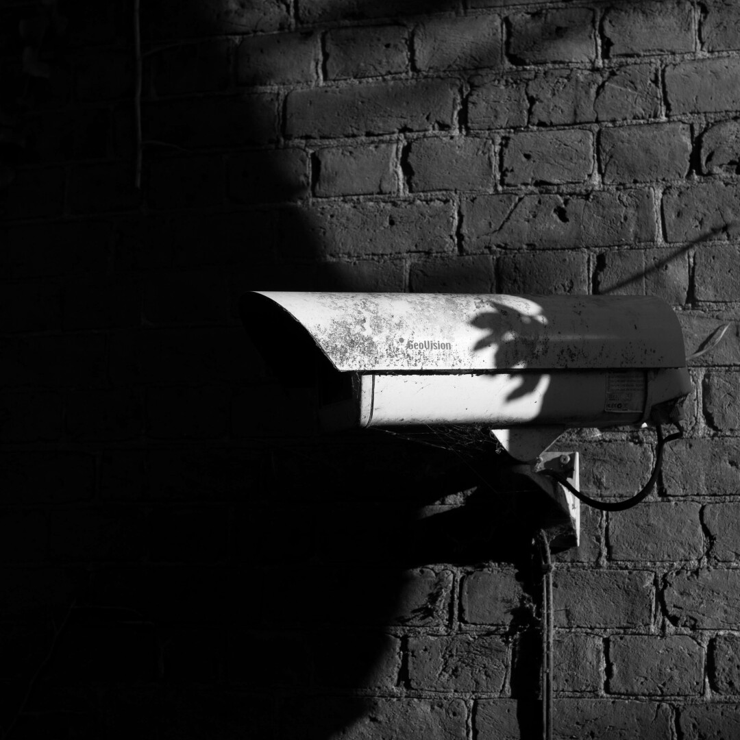 Monochrome photo of a white surveillance camera mounted on a brick wall. A leaf shadow falls on the rear of the camera, while the front points left, into the darkness that fills the left of the frame, seeming to emanate from or being funnelled into its lens.