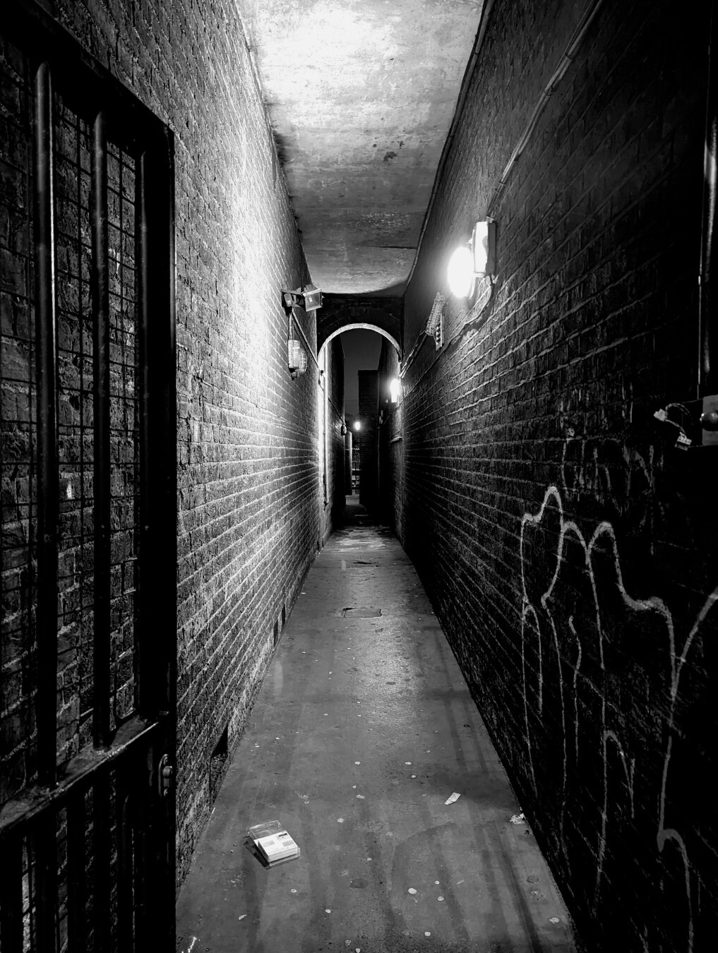 Monochrome photo of a narrow, brick-lined, concrete-ceilinged and -floored passage. A dark metal grille door is opened to the left in the foreground, a couple of bright lamps are spaced along the right wall, a small concrete arch, high up, is above where the passage passes to the outside and the night. There's a clear plastic box with a white insert on the floor, just beyond the door. Monochrome photo of a narrow, brick-lined, concrete-ceilinged and -floored passage. A dark metal grille door is opened to the left in the foreground, a couple of bright lamps are spaced along the right wall, a small concrete arch, high up, is above where the passage passes to the outside and the night. There's a clear plastic box with a white insert on the floor, just beyond the door.