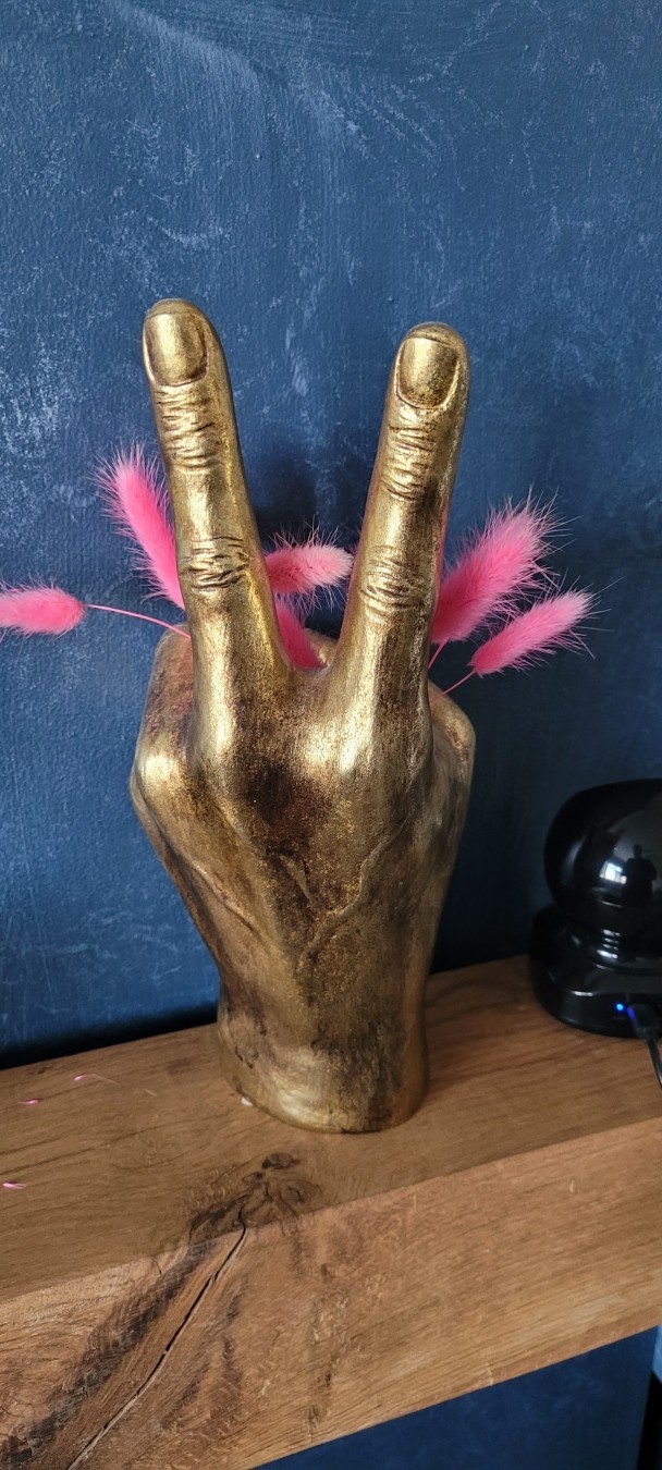 Glorious golden hand flicking the V's, whilst holding pink fluffy flowers