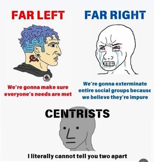 Far Left - We're gonna make sure everyone's needs are met
Far Right - We're gonna exterminate entire social groups because we believe they're impure
Centrists - I literally cannot tell you two apart