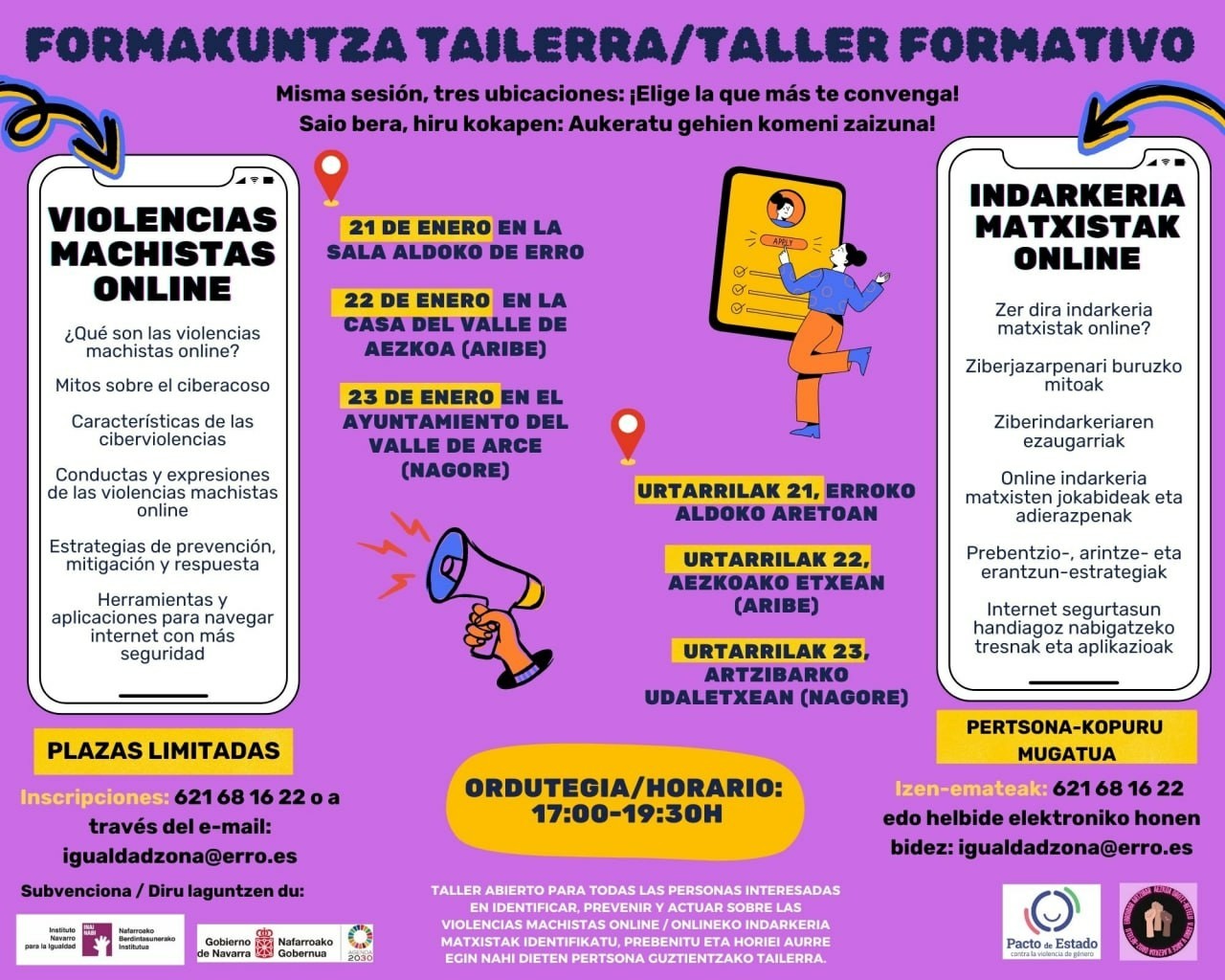 Cartel de los tres talleres sobre violencias machistas digitales que imparto los días 21, 22 y 23 de enero de 2025 en Erro, Aribe y Nagore, Navarra.