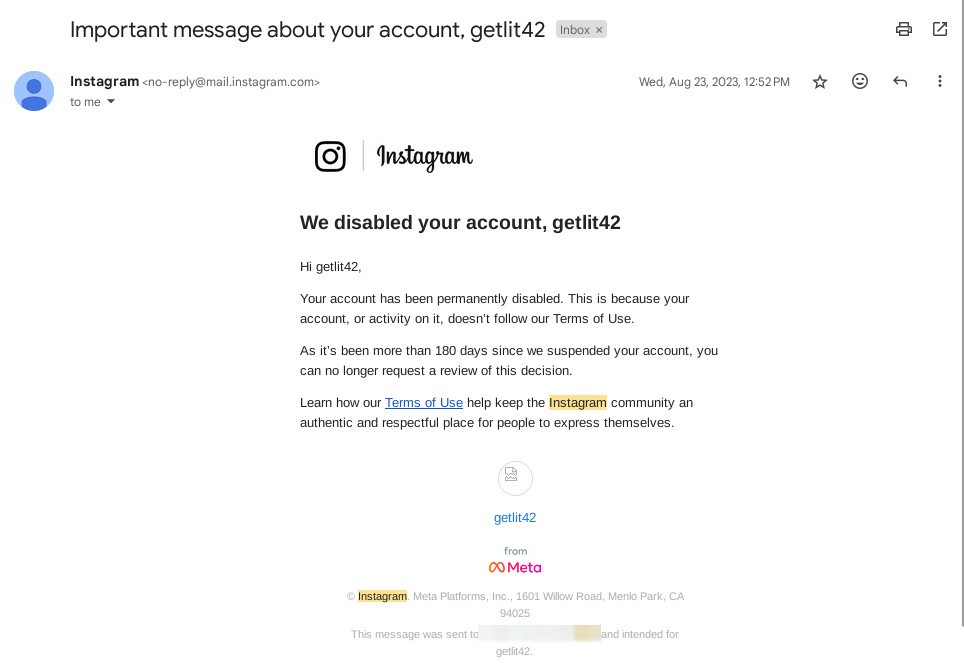 Instagram ban email