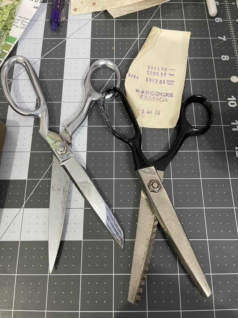 From left to right: Gingher fabric shears (all silver) and Gingher plinking shears (black and silver). Grandma kept the original receipt from May 5, 1970 with the total cost reading $12.08 from Hancock Fabrics in Paducah, KY.