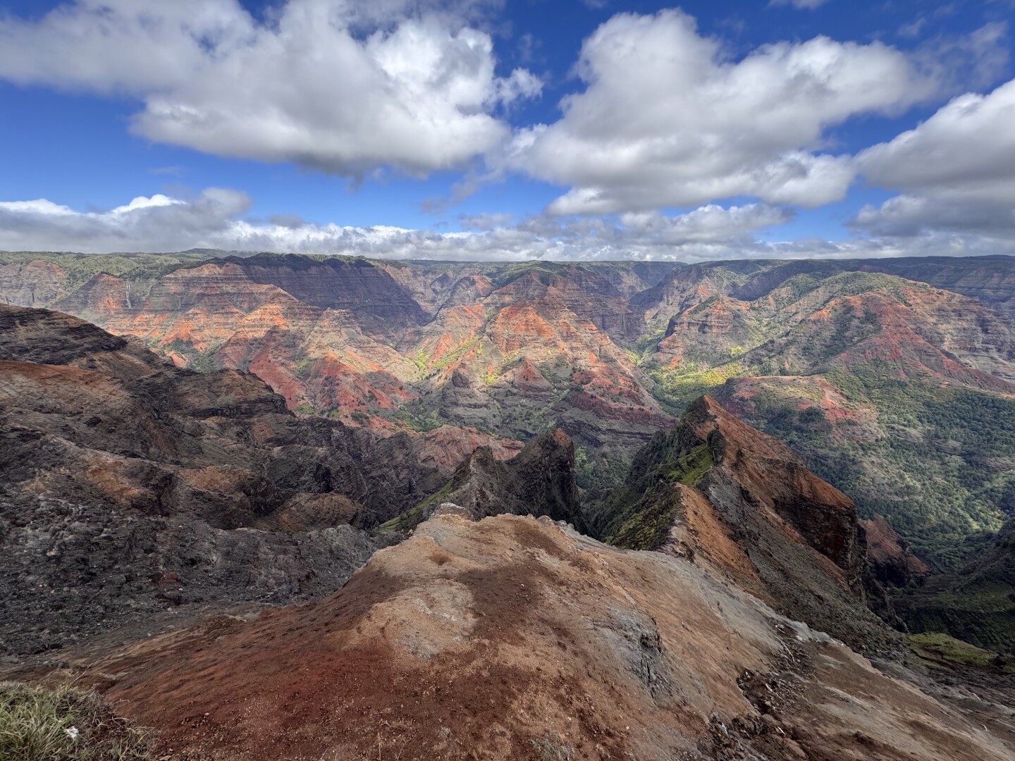 A landscape photo of Waimea canyon. There are partial clouds in a bright blue sky that shadow over the brightly red and green colors of the craggy ridges in the upper valley.