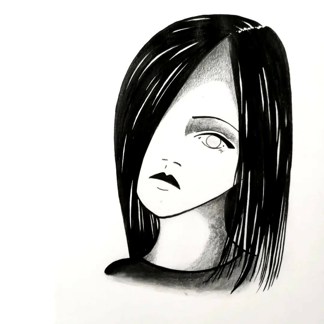 black and white ink drawing, non realistic, feminine head, black hair on one side of the face