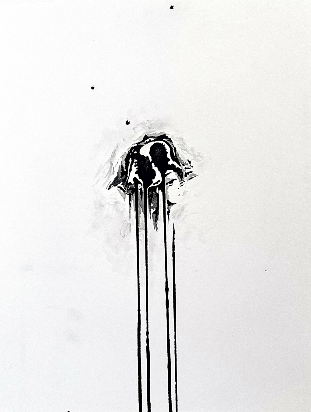 Abstract black ink drawing. There could be a face seen from profile, wearing a helmet, as well as an eye.