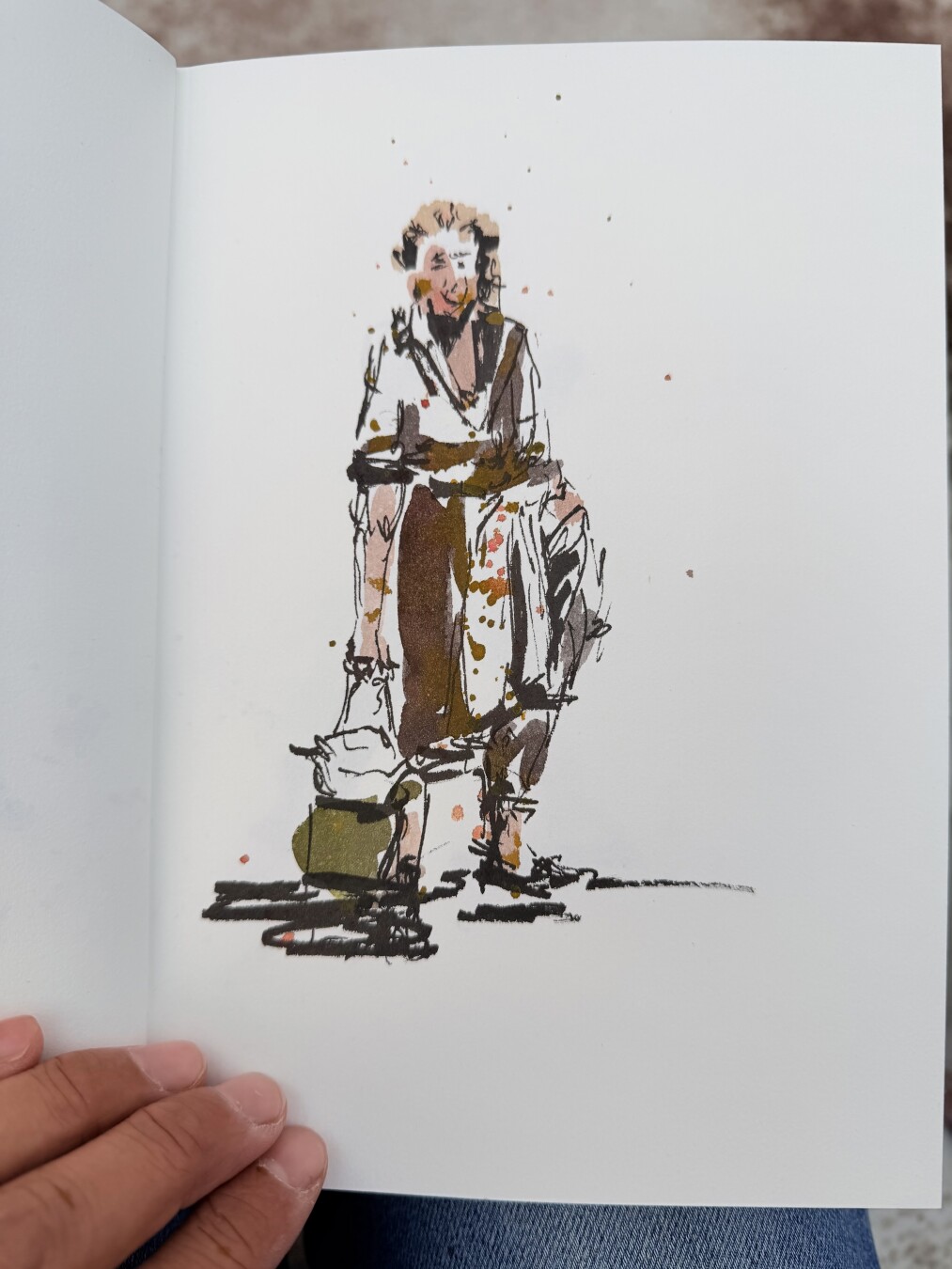 Pose of a woman standing with jackets in her left arm and holding a olive green bag with her right arm. She’s wearing a long dress with short sleeves. Painted white and brown accents. Black ink pen lines of various thickness.