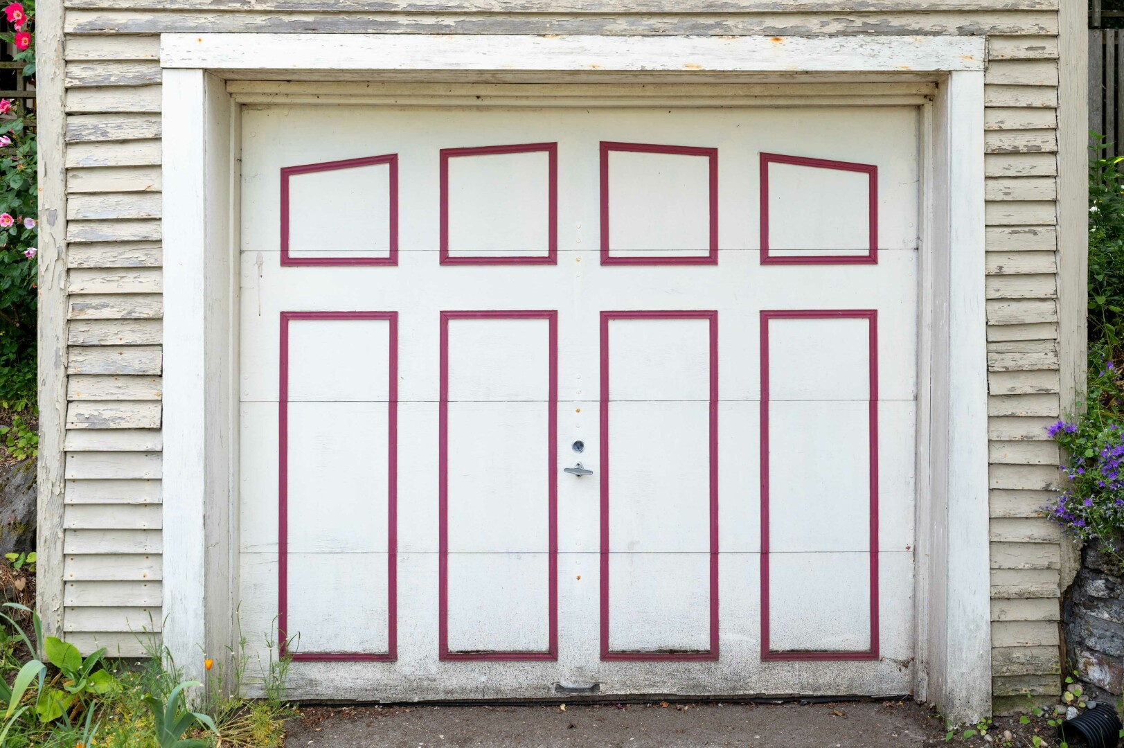 This image depicts a garage door that appears to be made of multiple panels. The door is primarily white with a burgundy border outlining each panel. The panels are arranged in a grid-like pattern, with four smaller squarish panels at the top and four larger rectangular panels below them. The door is framed by light-colored wooden siding on either side, which has a weathered appearance, suggesting it has been exposed to the elements for some time.
In the center of the lower section of the door, there is a small handle. The area around the garage door is somewhat overgrown with plants and weeds, indicating that it might not be regularly maintained. There are some flowers visible on the left side of the image, adding a touch of color to the scene.
The overall impression is of a residential garage door that has seen better days. The combination of the worn siding and the overgrown vegetation suggests a setting that is somewhat neglected but still functional. The burgundy accents on the door provide a contrast to the otherwise muted colors of the scene.