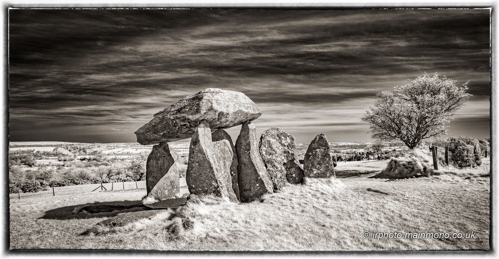 A toned black and white infrared photo of a group of standing stones in a grassy field, supporting a large horizontal stone.