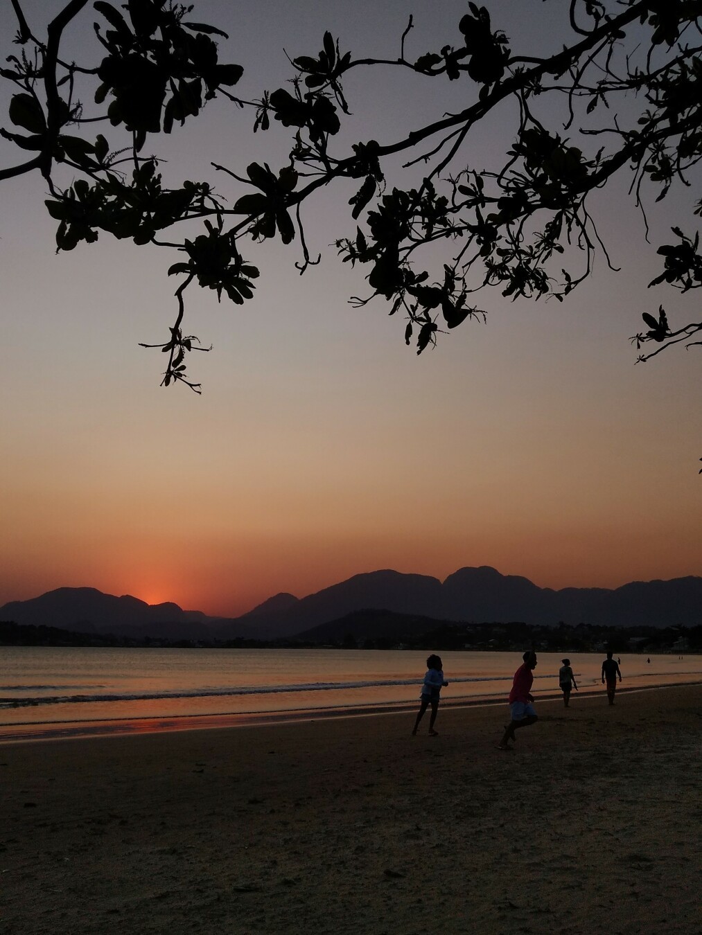 picture of kids playing at the beach at the sunset.