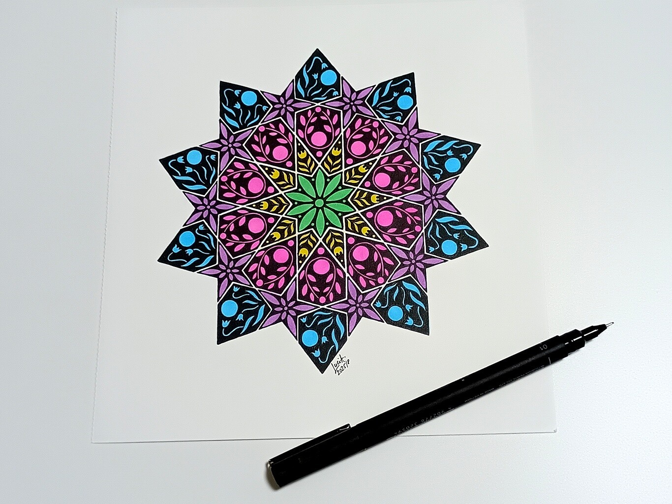 Drawing of a ten-pointed star with blue, purple, pink, yellow and green sections and flower design made with black ink pen.