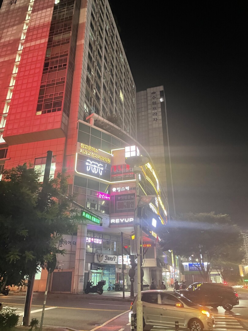 A big building at Suwon Plaza illuminated by neon signs at night.