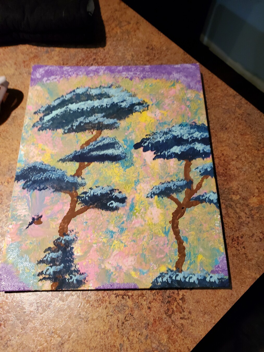 An abstract painting by me, inspired by Bob Ross and his techniques!

Background of yellows, pinks, and greens with purple clouds and wavy, brown trunked trees with dark and light blue leaves!

#color #abstractpainting #art #fun #bored #original 

#releasethefiles #freecongo #freesudan #freeukraine #freepalestine