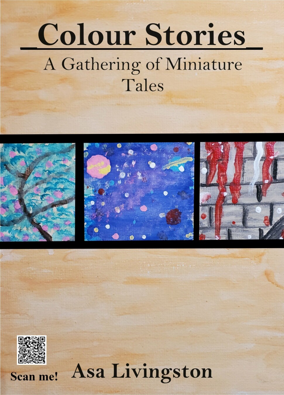 My first book. "Colour Stories: A Gathering of Miniature Tales" by [my pseudonym] Asa Livingston. 

Cover art by me - watercolour: vines, cosmos, bl88dy wall; edited on computer.

Avail. where books are: Amazon and my publisher's page: Arian Derwydd Books.