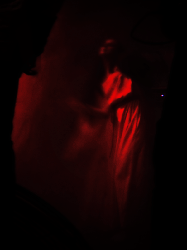 From a dark reddish mist emerges the hazy figure of a woman. The sides of the pictures are completely black, framed by the side of the bodies of the other musicians. The bright center of the image is on the woman.