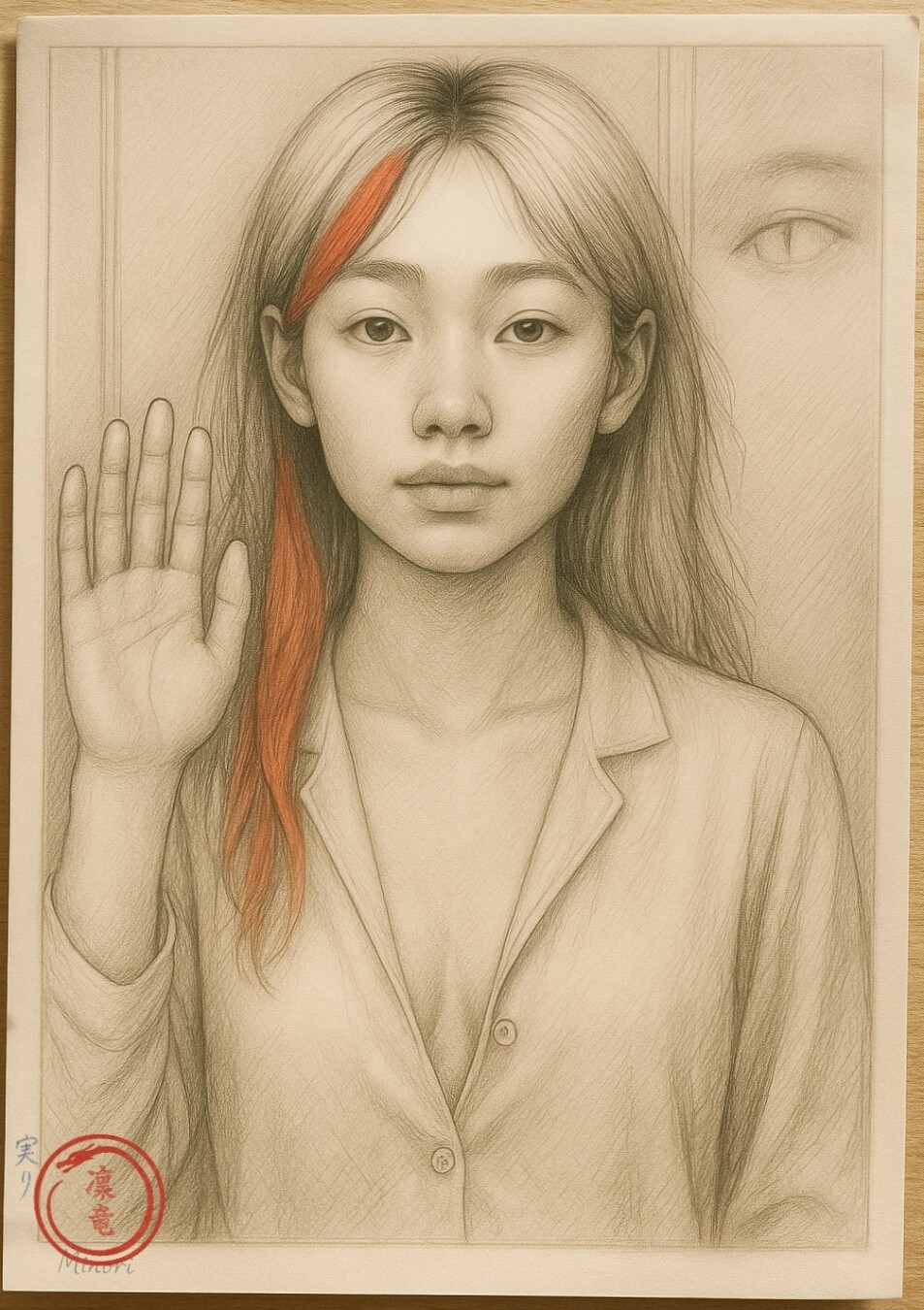 A pencil drawing of a young Japanese woman with blonde hair and a red streak in her hair, holding her left hand up, waving, as if a reflection in the mirror. A faint eye is visible in the background, to the right.